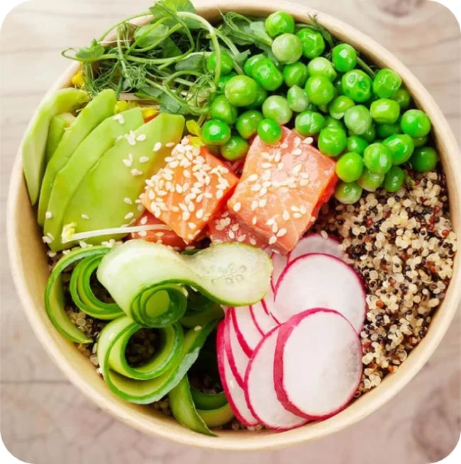 Bowl of healthy foods like salmon and avocado